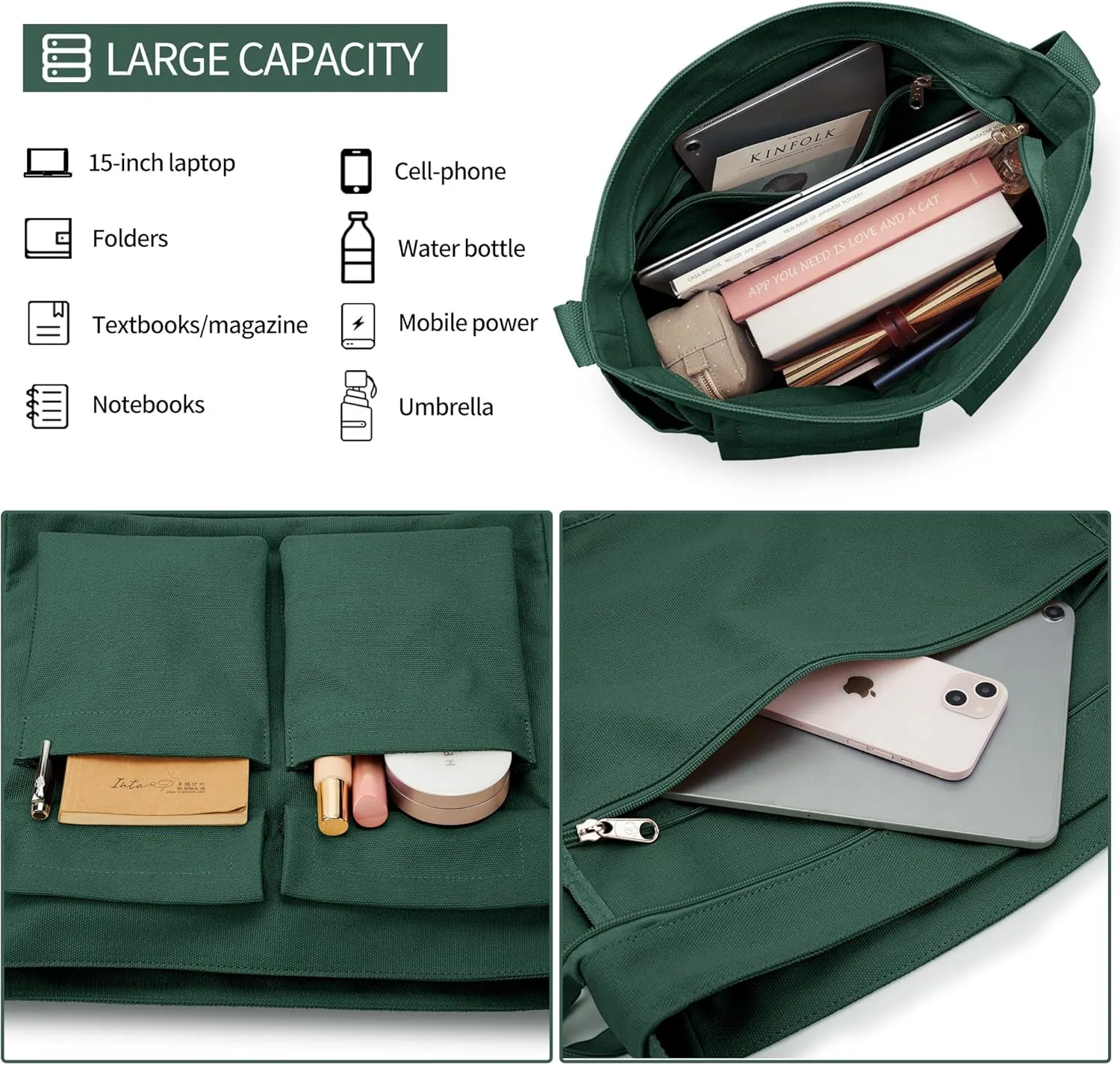 KALIDI Canvas Tote Bag Messenger Bag, Large Crossbody Bag for Women or Men, Casual Canvas Shoulder Bag for College Work Daily