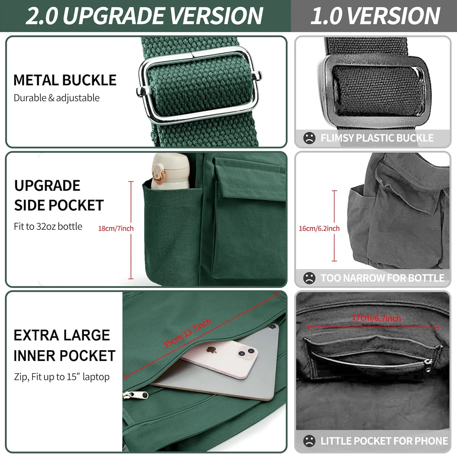 KALIDI Canvas Tote Bag Messenger Bag, Large Crossbody Bag for Women or Men, Casual Canvas Shoulder Bag for College Work Daily