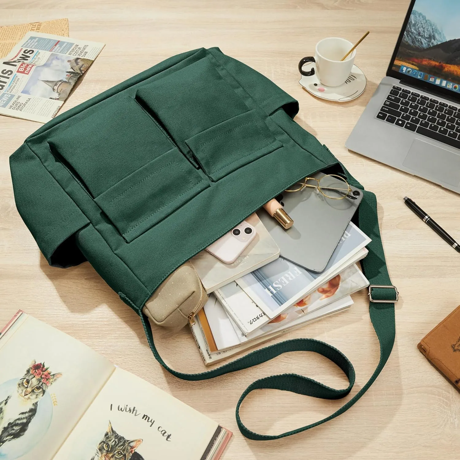 KALIDI Canvas Tote Bag Messenger Bag, Large Crossbody Bag for Women or Men, Casual Canvas Shoulder Bag for College Work Daily