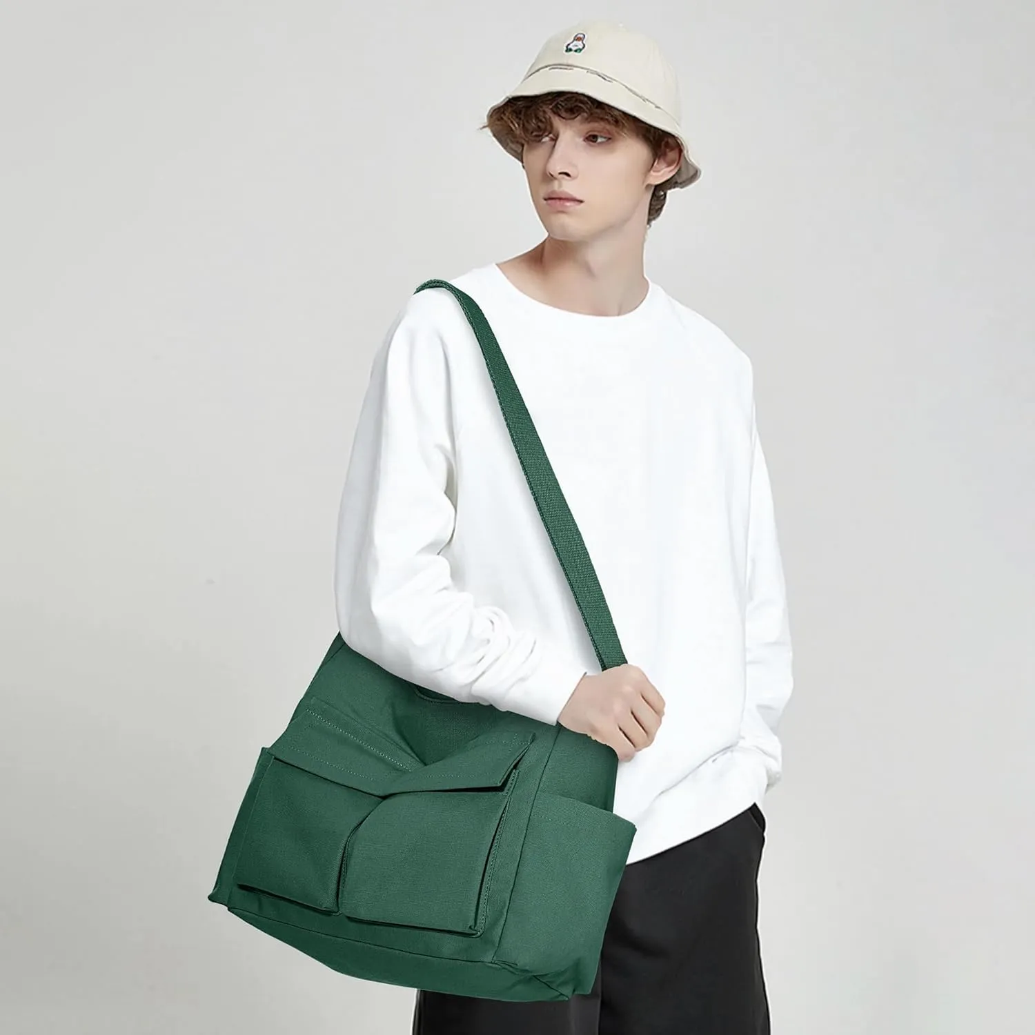 KALIDI Canvas Tote Bag Messenger Bag, Large Crossbody Bag for Women or Men, Casual Canvas Shoulder Bag for College Work Daily