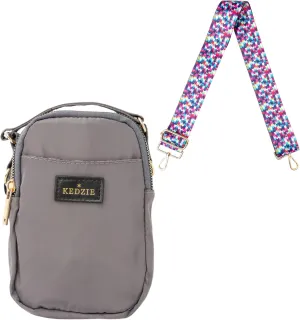 KEDZIE Crosstown Crossbody Zipper Bag (Gray) & Interchangeable 2-Inch Bag Strap (Friends Forever V2)