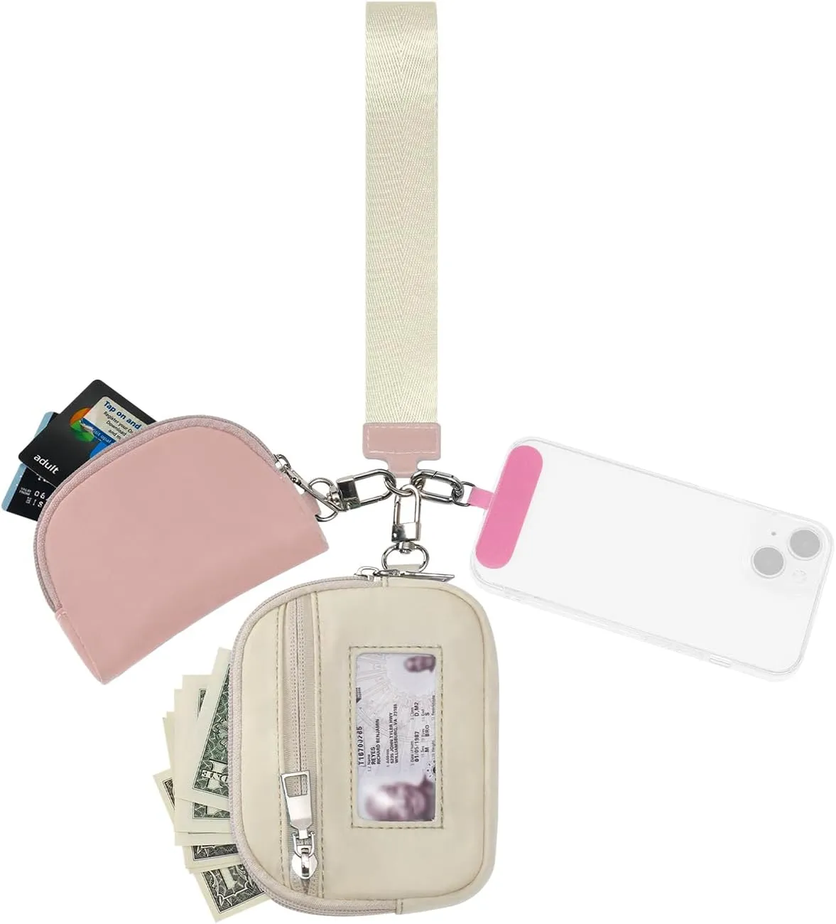 Keychain Wallet Mini Zip Around Dual Pouch Wristlet Detachable Coin Purse for Women and Men with Phone Tether Tab