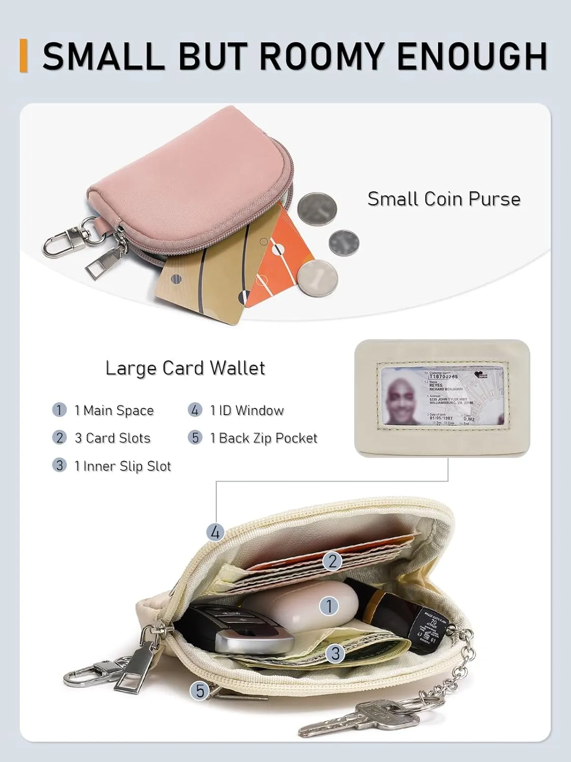 Keychain Wallet Mini Zip Around Dual Pouch Wristlet Detachable Coin Purse for Women and Men with Phone Tether Tab