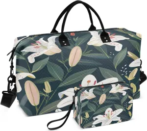 Kigai Beautiful White Lilies Travel Duffel Bags 2PCS,Sports Duffel Bags for Men Women,Weekender Overnight Bag Gym Tote Bag with Toiletry Bag
