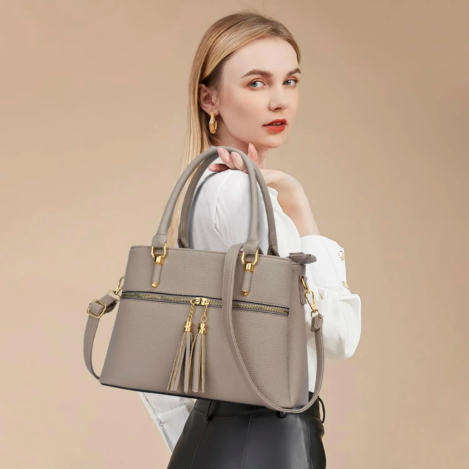 KKXIU Women Satchel Bags Handle Shoulder Handbags and Purses Pockets Zipper Leather Crossbody Bags