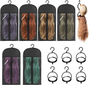 KOLLIEE 6 Pcs Wig Bags Storage with Wig Hanger Dust-proof for Multiple Wigs Hanging Storage Bags Organizer Foldable Easy Carry Suitable for Home Travel Hair Salon Black