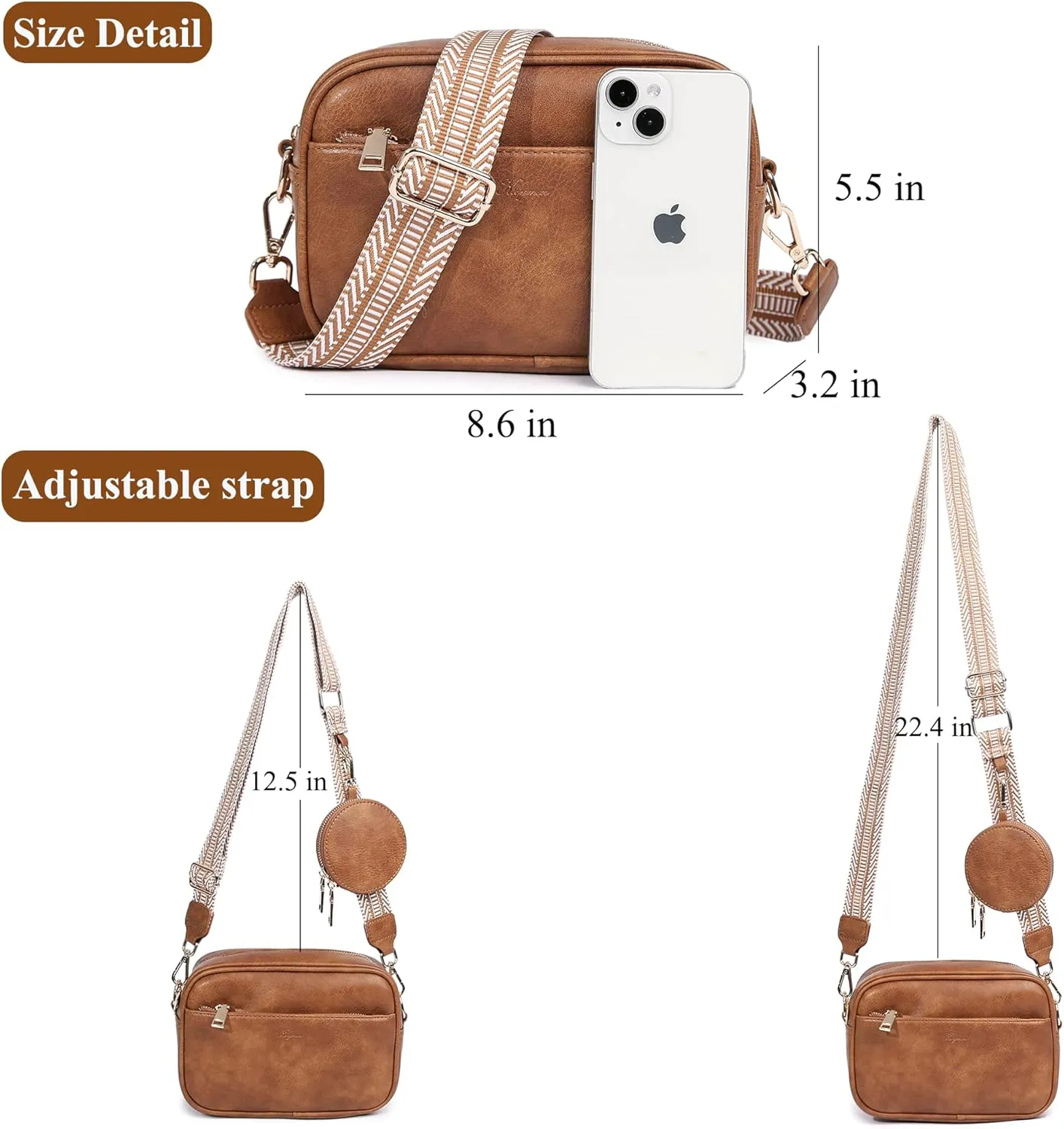 Kseymeir Small Shoulder Crossbody Bag for Women Vegan Leather Handbag Purse Triple Zip Wallet Purse Trendy Bag