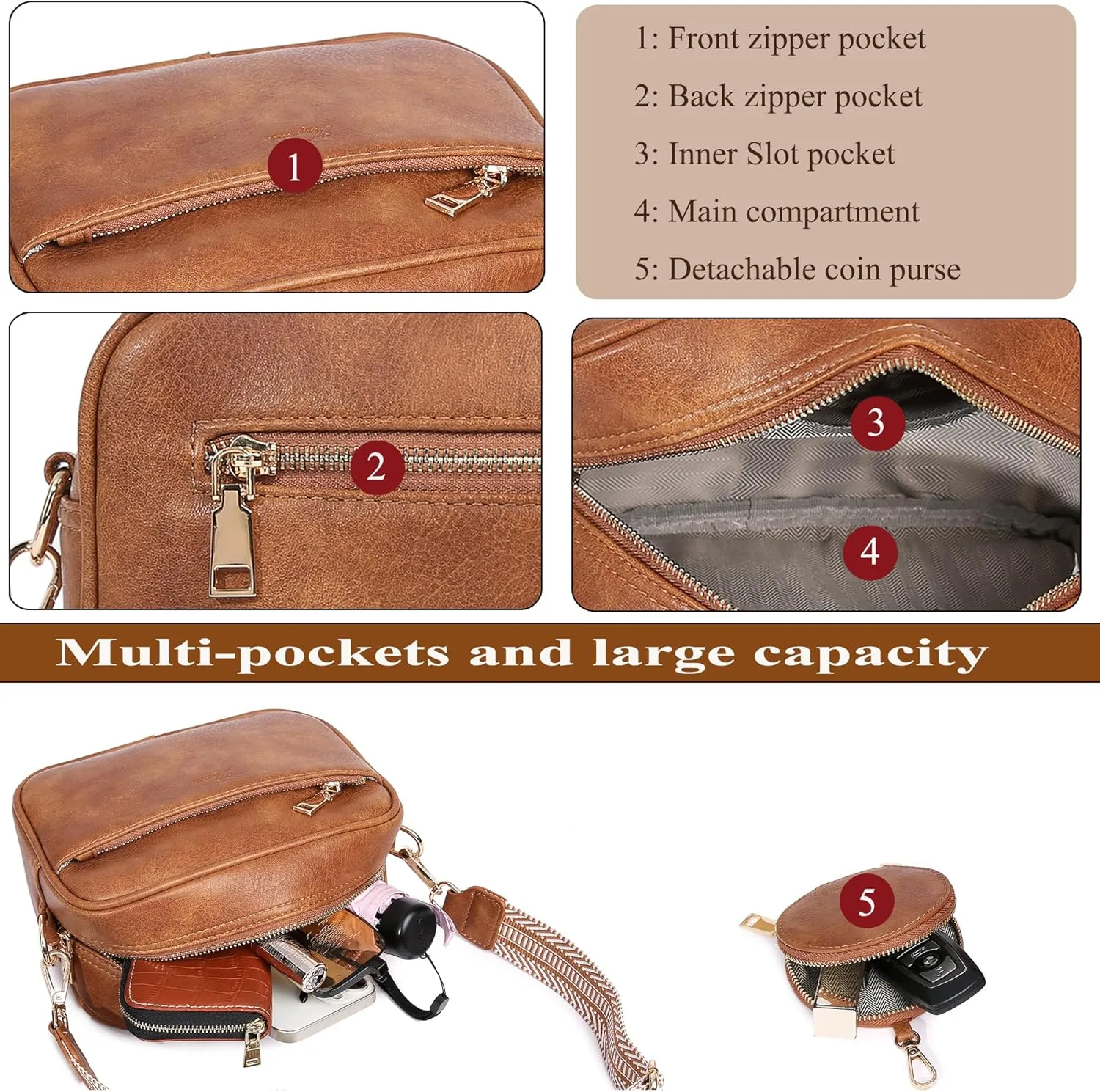 Kseymeir Small Shoulder Crossbody Bag for Women Vegan Leather Handbag Purse Triple Zip Wallet Purse Trendy Bag