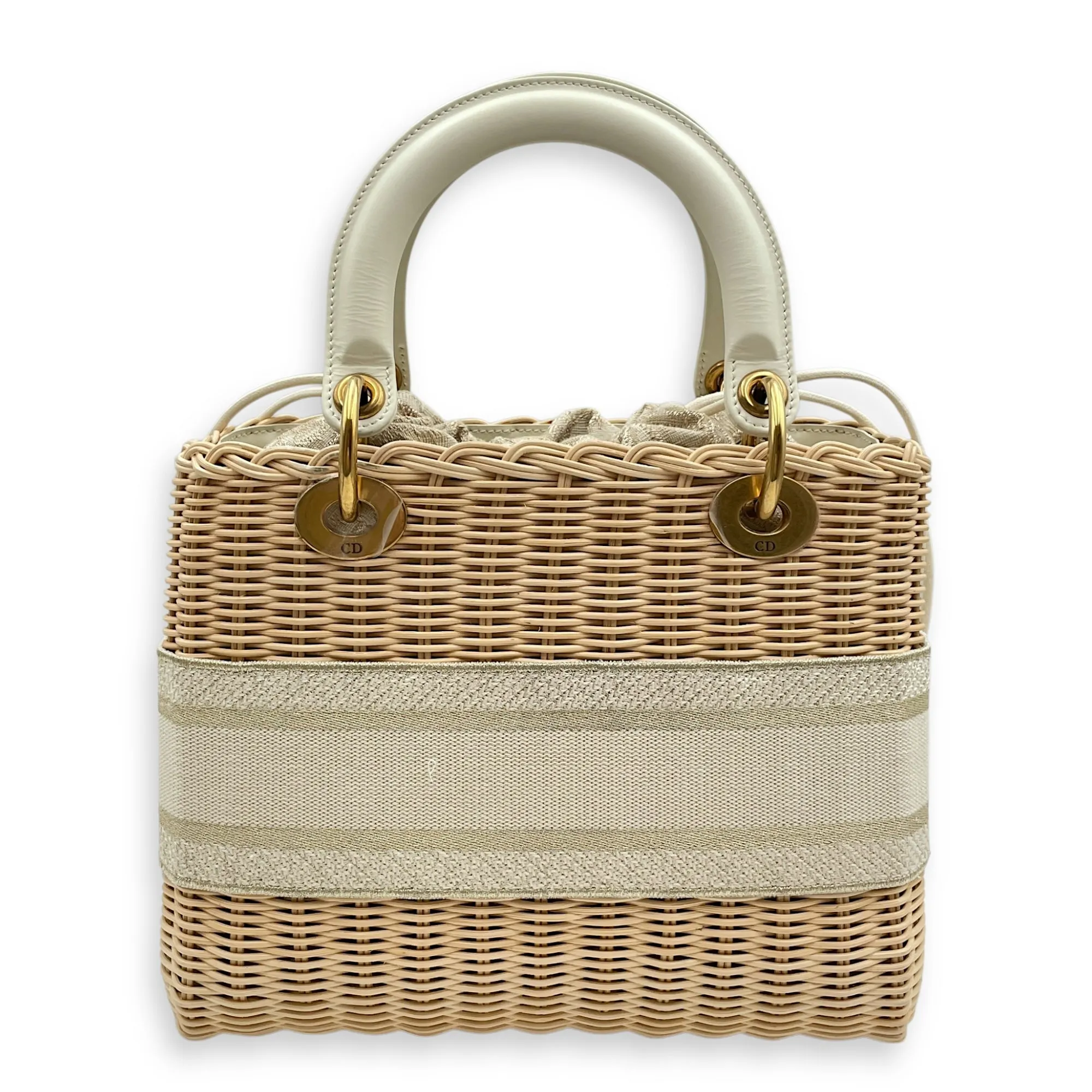 Lady Dior Wicker Medium Multi-colour Crossbody Bag in Rattan, cotton canvas, calf, Gold hardware