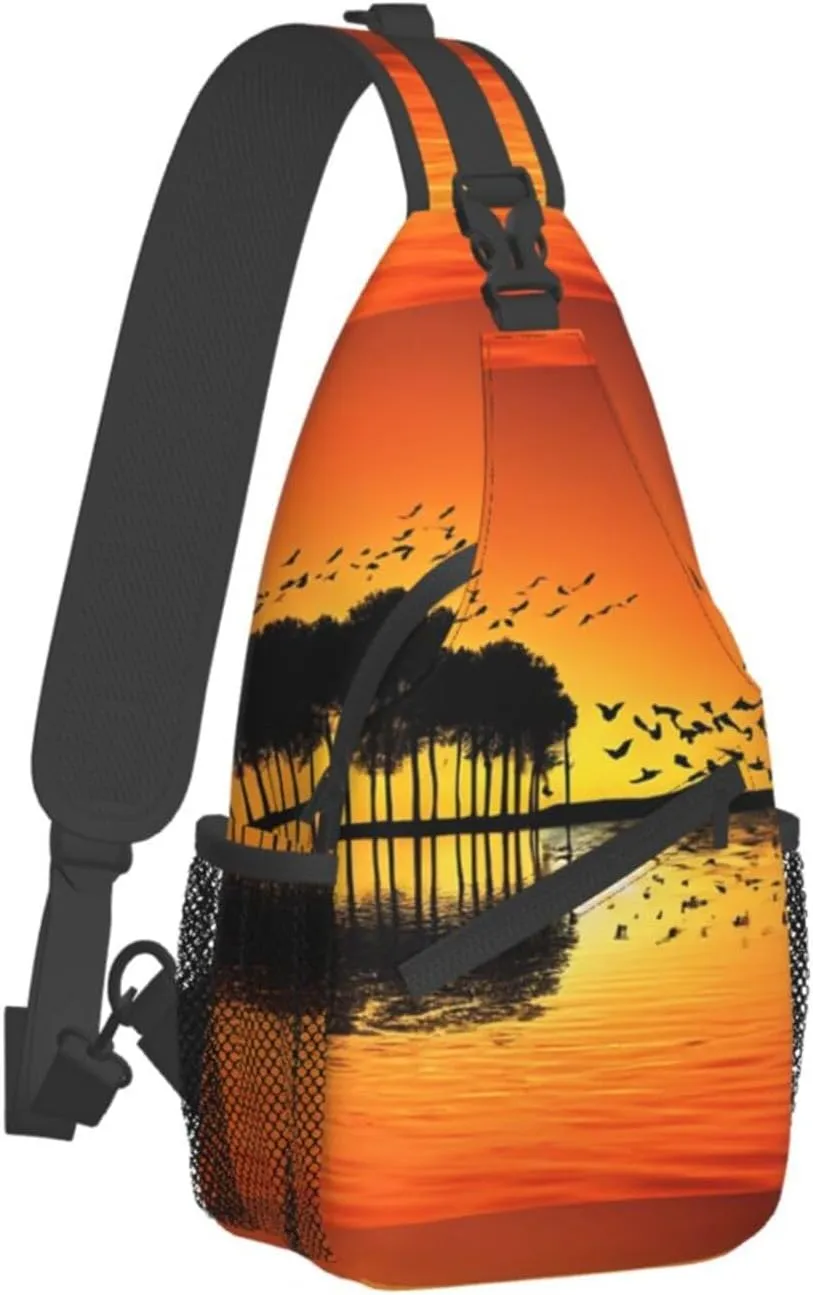 (Lake Guitar Reflection) Crossbody Bag Men Lightweight Chest Backpack For Hiking Cycling Traveling Running