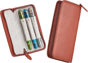 Lanxivi Genuine Leather Fountain Pen Case 3 Divided Slots Coffee Color, Zippered Pen Case Pouch, Handmade Display Holder for Rollerball Pen