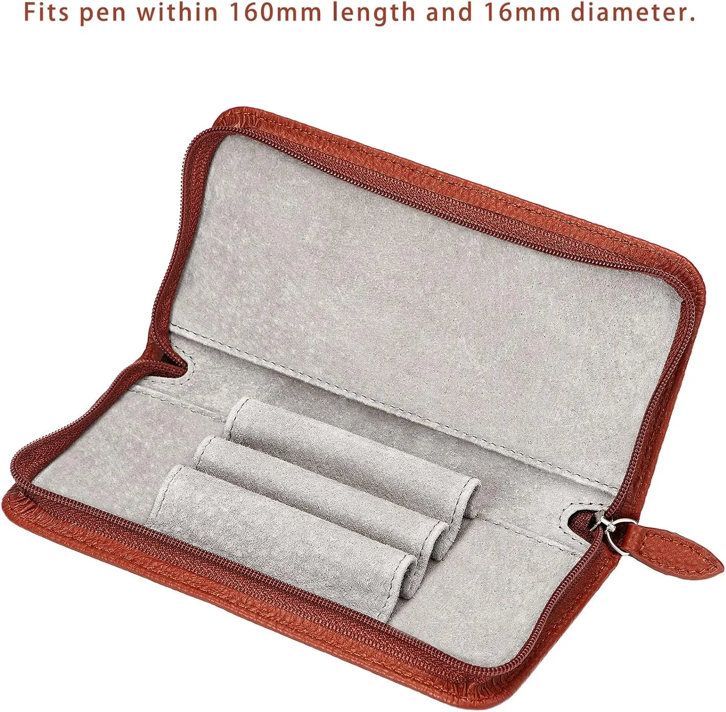 Lanxivi Genuine Leather Fountain Pen Case 3 Divided Slots Coffee Color, Zippered Pen Case Pouch, Handmade Display Holder for Rollerball Pen