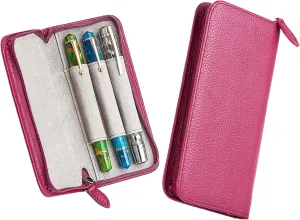 Lanxivi Genuine Leather Fountain Pen Case 3 Divided Slots Wine Red Color, Zippered Pen Case Pouch, Handmade Display Holder for Rollerball Pen
