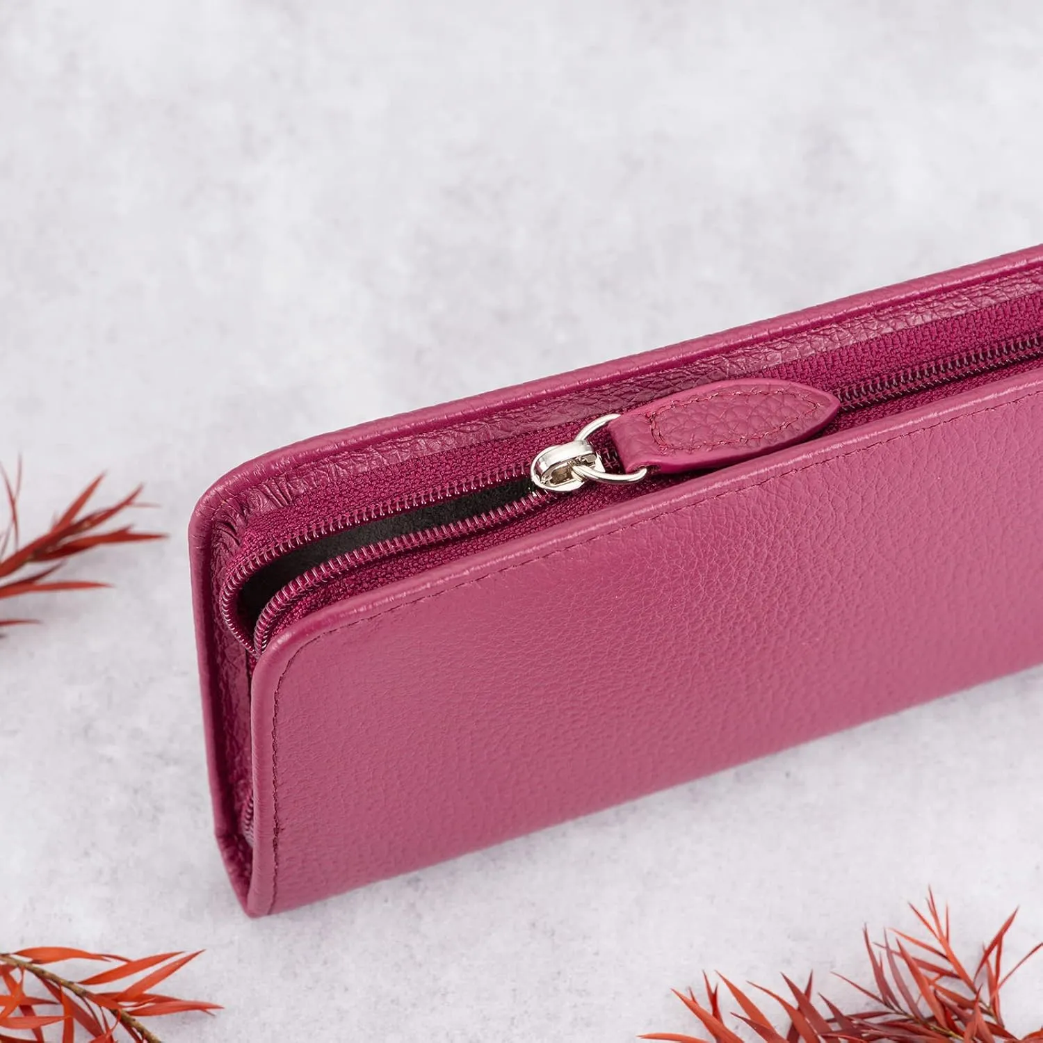Lanxivi Genuine Leather Fountain Pen Case 3 Divided Slots Wine Red Color, Zippered Pen Case Pouch, Handmade Display Holder for Rollerball Pen