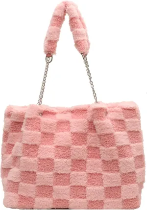 Large Plaid Fuzzy Tote Bag Women Winter Casual Shoulder Bag Cozy Fluffy Handbag Comfortable Crossbody Bag