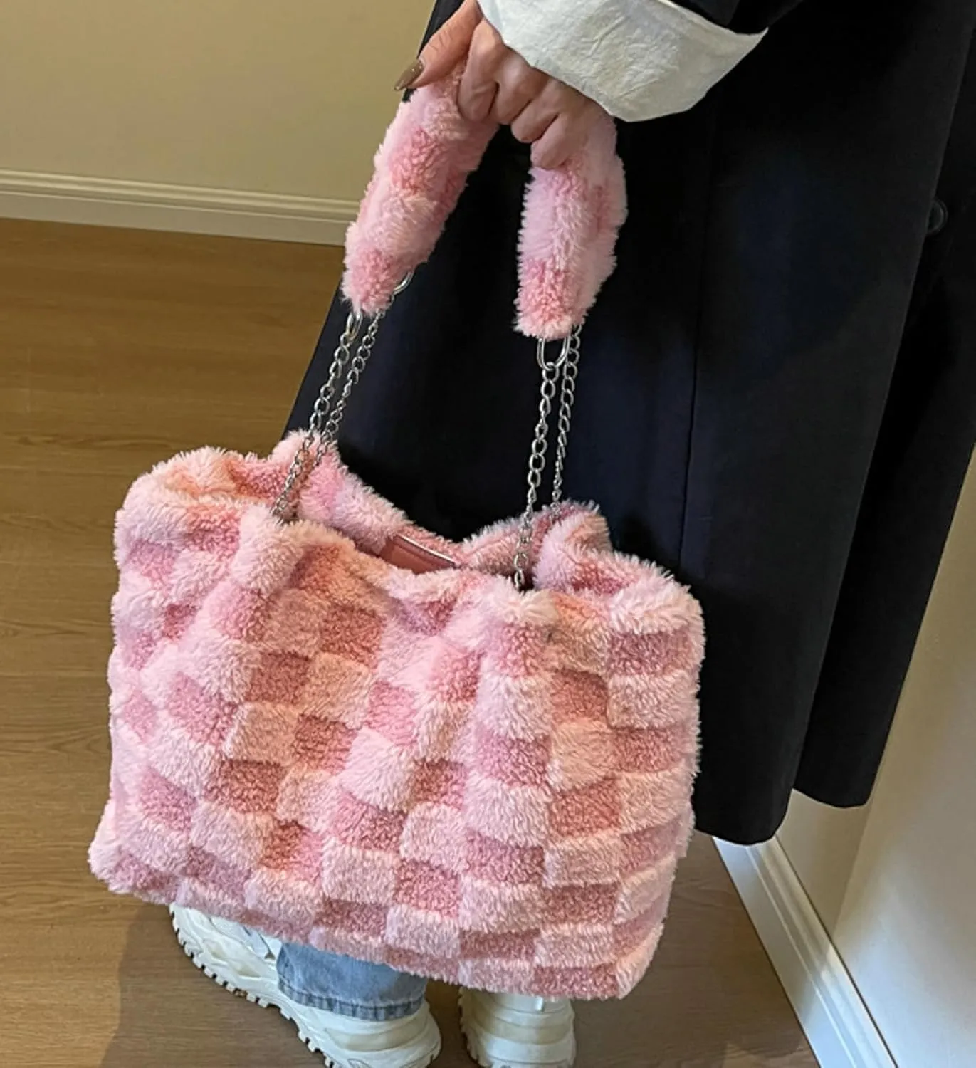 Large Plaid Fuzzy Tote Bag Women Winter Casual Shoulder Bag Cozy Fluffy Handbag Comfortable Crossbody Bag