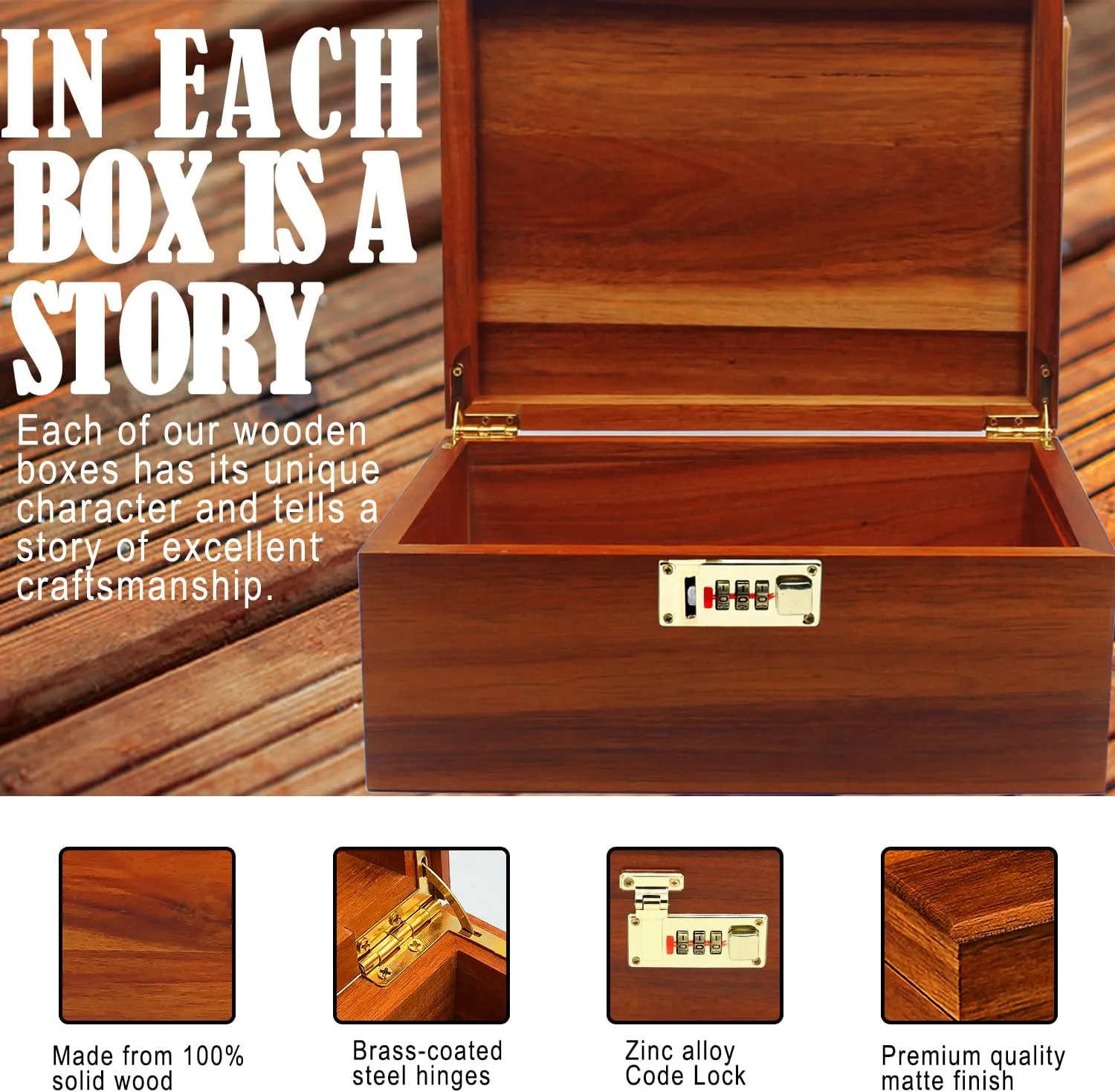Large Wooden Box Decorative Wooden Storage Box with Combination Lock with Hinged Lid Keepsake Stash Acacia Box Lockable Chest for Keepsakes,Valuables, Accessories, Treasured Items Wood Boxes