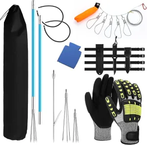 Lasnten 14 Pcs Hawaiian Sling Fishing Spear Set Fiberglass Pole Spear with 3 Prong Tips Diving Lobster Knife with Holster 2 Sheath 2 Pairs Leg Straps Fish Buckle for Diving Spearfishing
