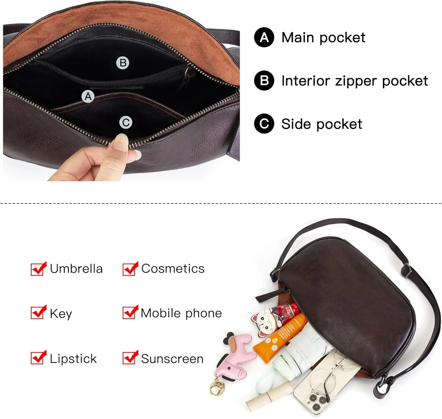 Leather Crossbody Bag Purse for Women Men,Crescent Shoulder Bag Small Cross Body Dumpling Bag Half Moon Adjustable