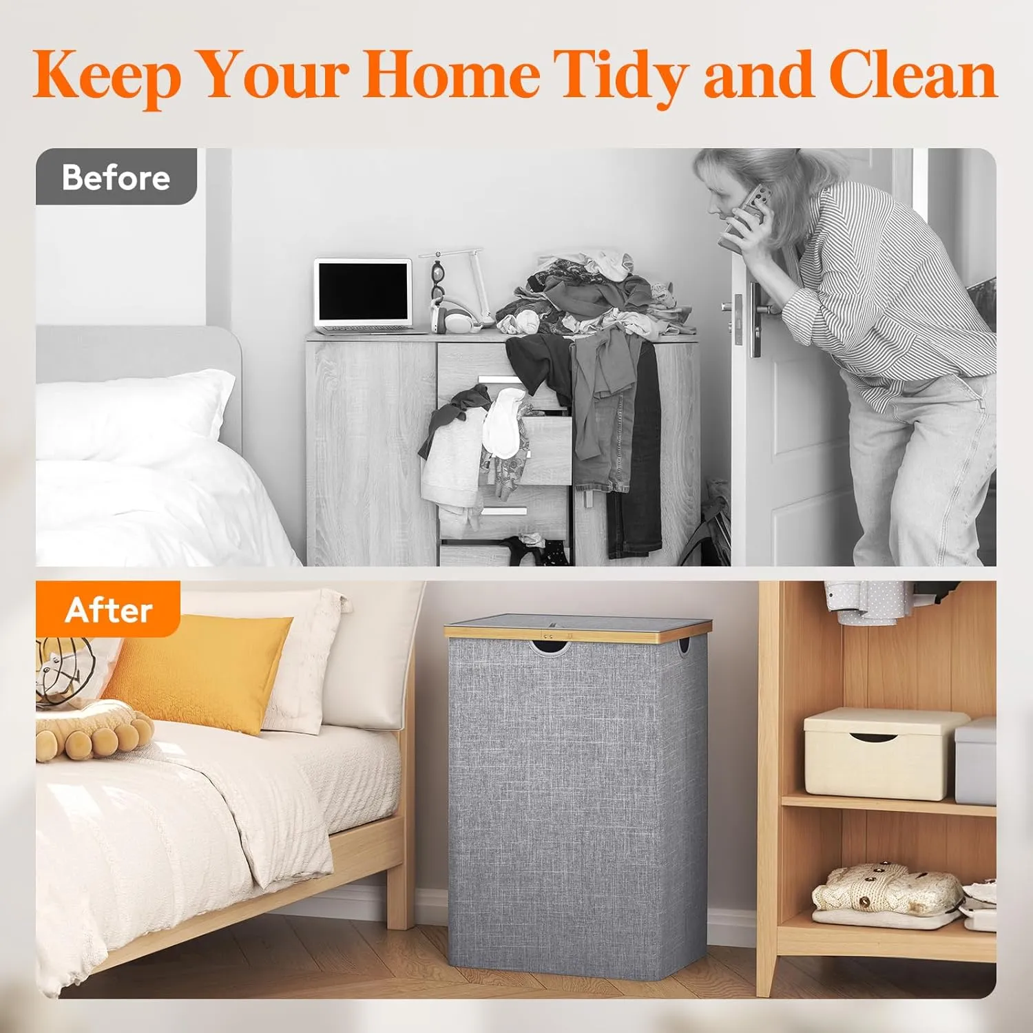 Lifewit 170L Triple Laundry Hamper with Lid, Extra Large Bamboo Laundry Basket Dirty Clothes Hamper,3 Section Laundry Bin Organizer for Laundry Room Bedroom with 3 Removable Liners & Bags, Light Gray