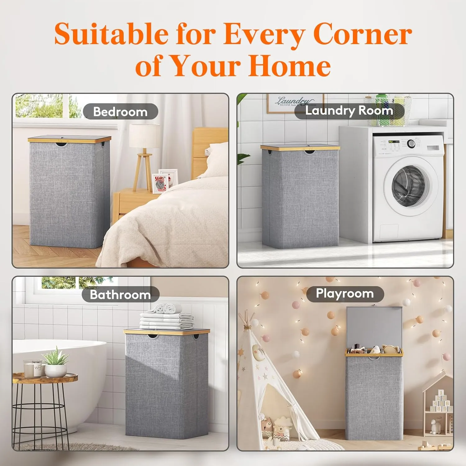 Lifewit 170L Triple Laundry Hamper with Lid, Extra Large Bamboo Laundry Basket Dirty Clothes Hamper,3 Section Laundry Bin Organizer for Laundry Room Bedroom with 3 Removable Liners & Bags, Light Gray