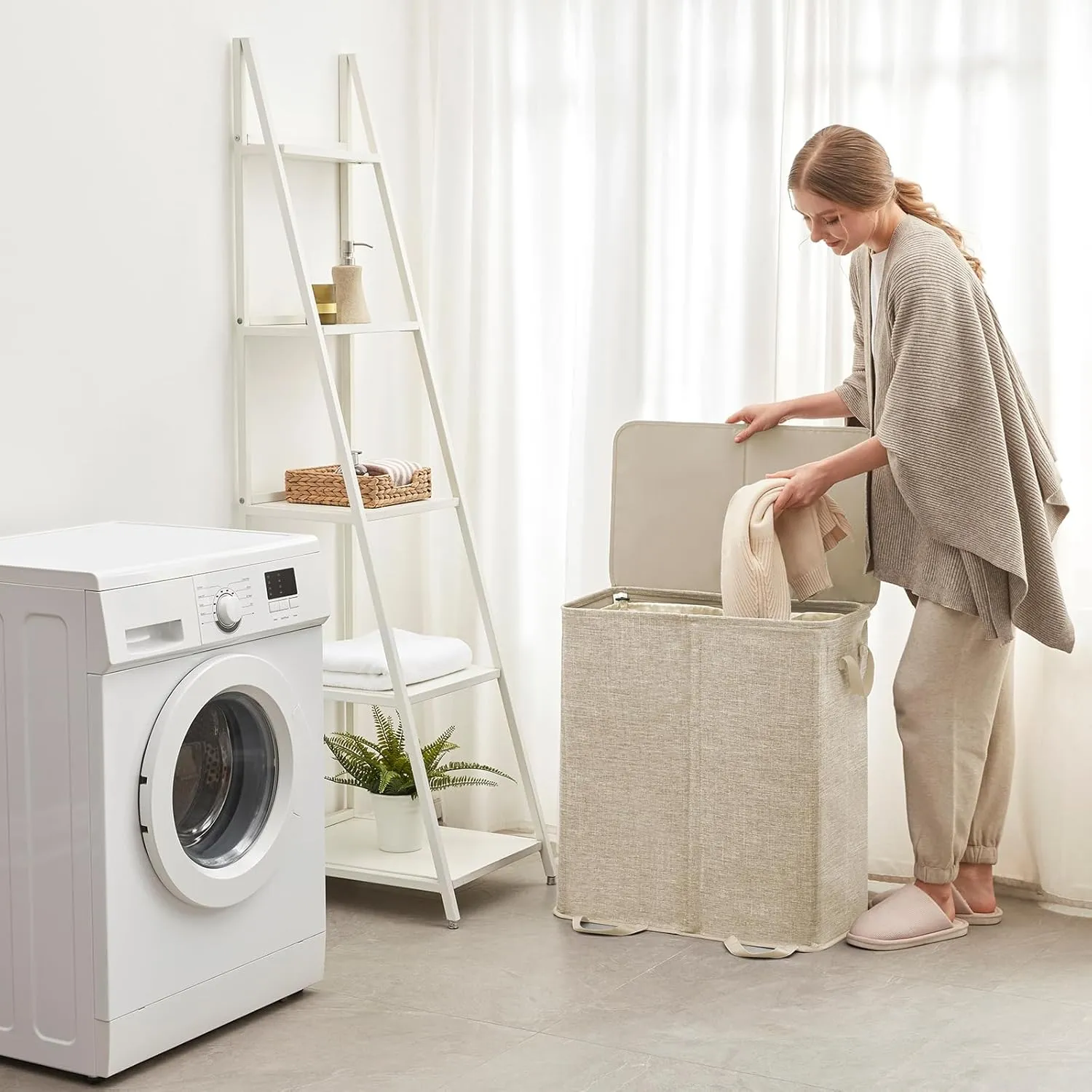 Lifewit Double Laundry Hamper with Lid and Removable Laundry Bags, Large Collapsible 2 Dividers Dirty Clothes Basket with Handles for Bedroom, Laundry Room, Closet, Bathroom, College, 136L Beige