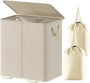 Lifewit Double Laundry Hamper with Lid and Removable Laundry Bags, Large Collapsible 2 Dividers Dirty Clothes Basket with Handles for Bedroom, Laundry Room, Closet, Bathroom, College, 136L Beige