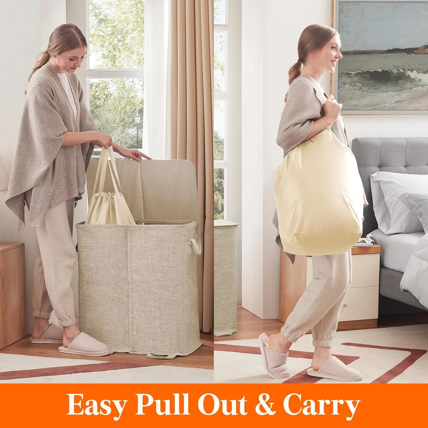 Lifewit Double Laundry Hamper with Lid and Removable Laundry Bags, Large Collapsible 2 Dividers Dirty Clothes Basket with Handles for Bedroom, Laundry Room, Closet, Bathroom, College, 136L Beige