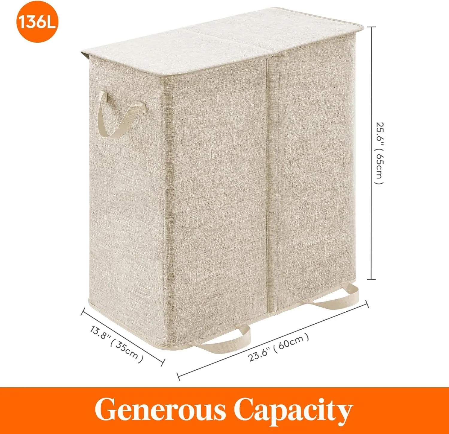 Lifewit Double Laundry Hamper with Lid and Removable Laundry Bags, Large Collapsible 2 Dividers Dirty Clothes Basket with Handles for Bedroom, Laundry Room, Closet, Bathroom, College, 136L Beige