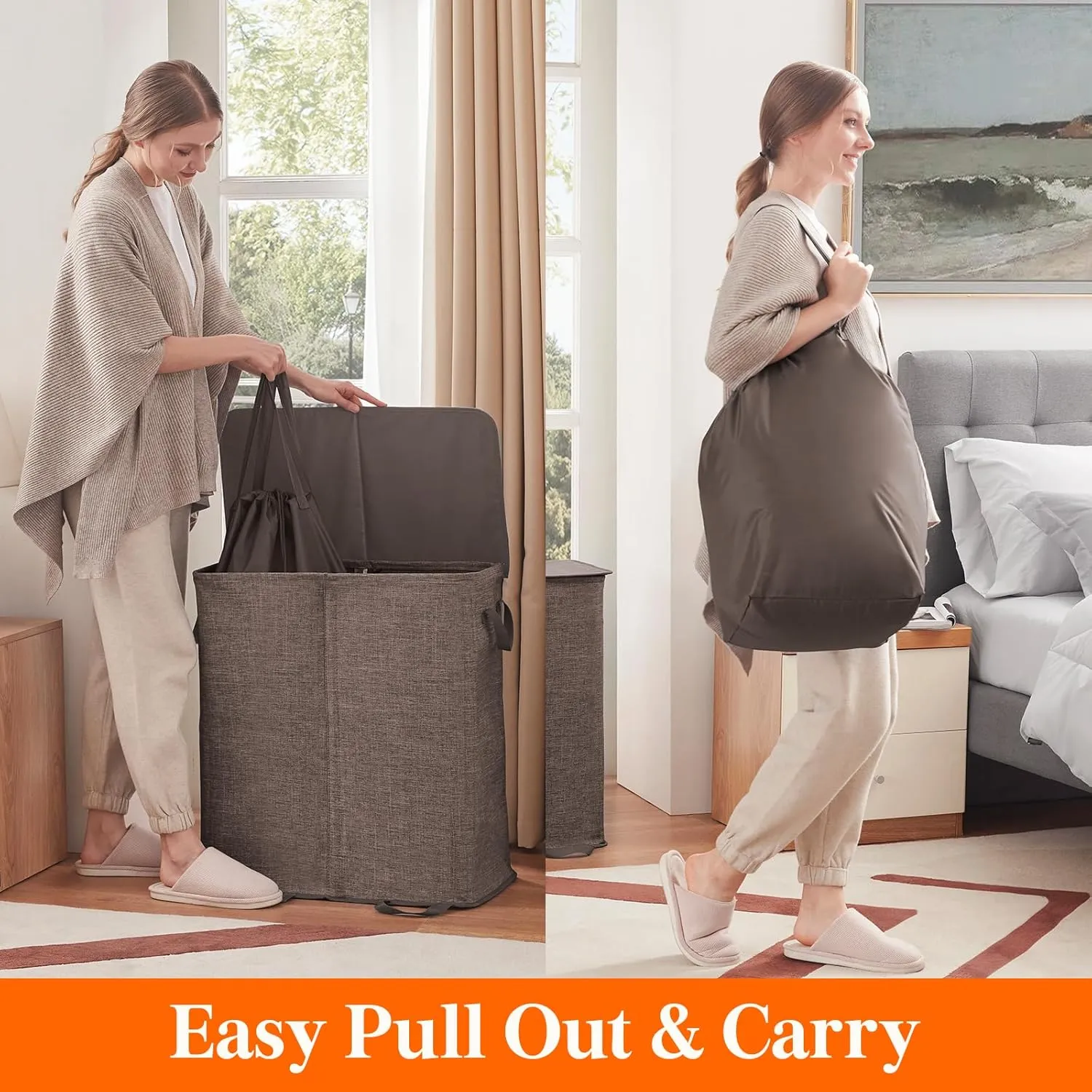 Lifewit Double Laundry Hamper with Lid and Removable Laundry Bags, Large Collapsible 2 Dividers Dirty Clothes Basket with Handles for Bedroom, Laundry Room, Closet, Bathroom, College, 136L Brown