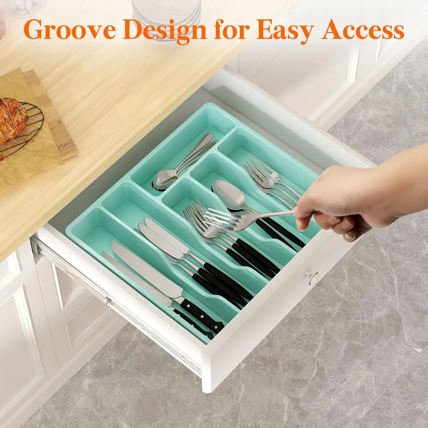 Lifewit Silverware Organizer with Lid, Covered Utensil Tray for Kitchen Drawer and Countertop, Plastic Cutlery and Flatware Storage Box for Spoons Forks Knives Holder Case, 6 Compartments, Turquoise