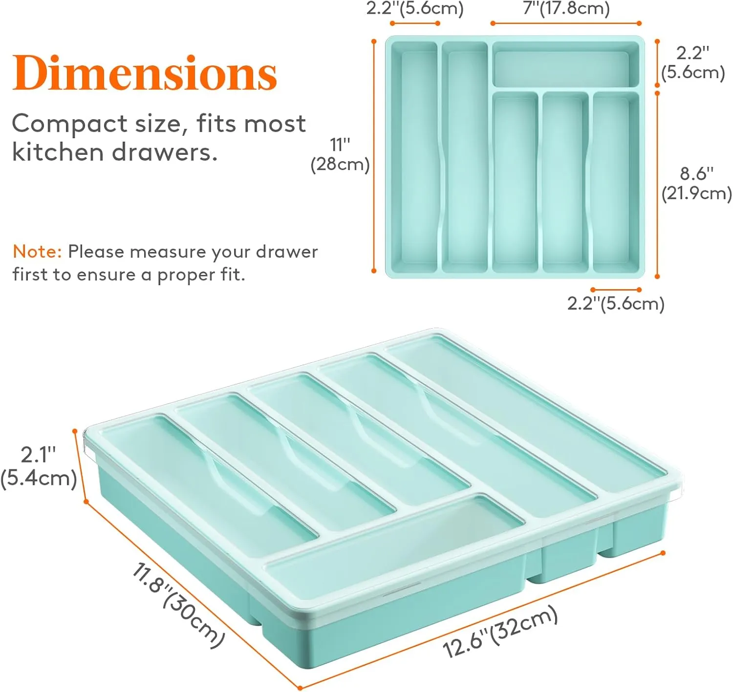 Lifewit Silverware Organizer with Lid, Covered Utensil Tray for Kitchen Drawer and Countertop, Plastic Cutlery and Flatware Storage Box for Spoons Forks Knives Holder Case, 6 Compartments, Turquoise