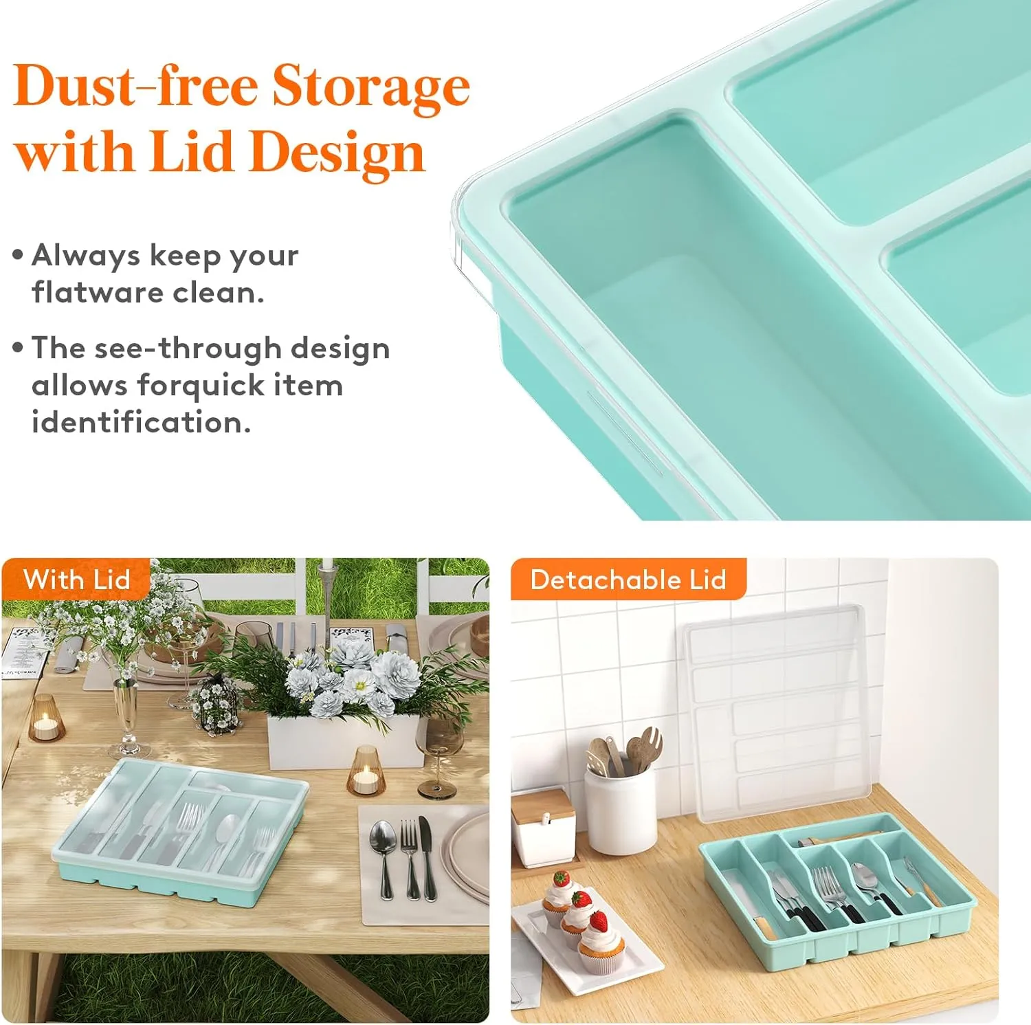 Lifewit Silverware Organizer with Lid, Covered Utensil Tray for Kitchen Drawer and Countertop, Plastic Cutlery and Flatware Storage Box for Spoons Forks Knives Holder Case, 6 Compartments, Turquoise