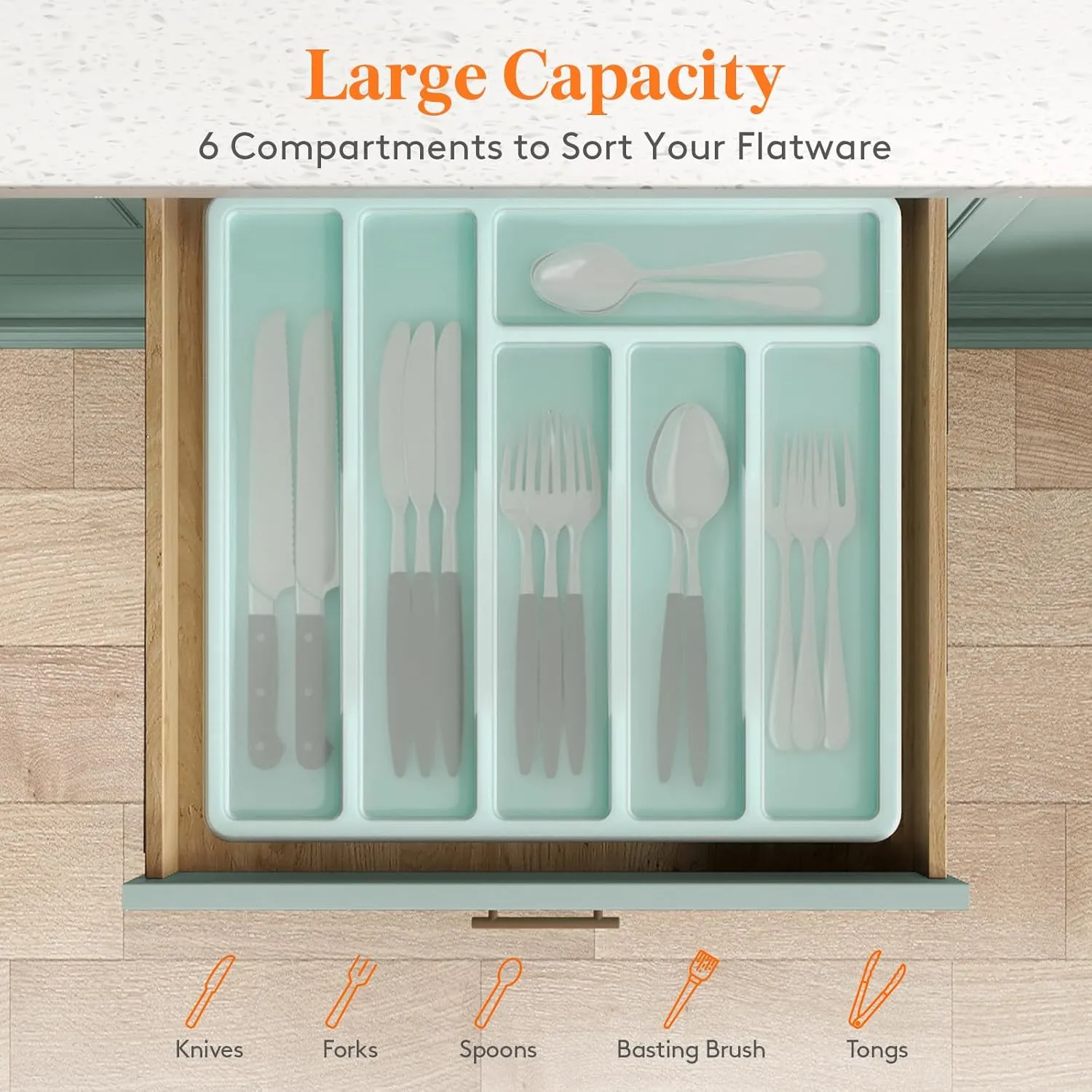 Lifewit Silverware Organizer with Lid, Covered Utensil Tray for Kitchen Drawer and Countertop, Plastic Cutlery and Flatware Storage Box for Spoons Forks Knives Holder Case, 6 Compartments, Turquoise