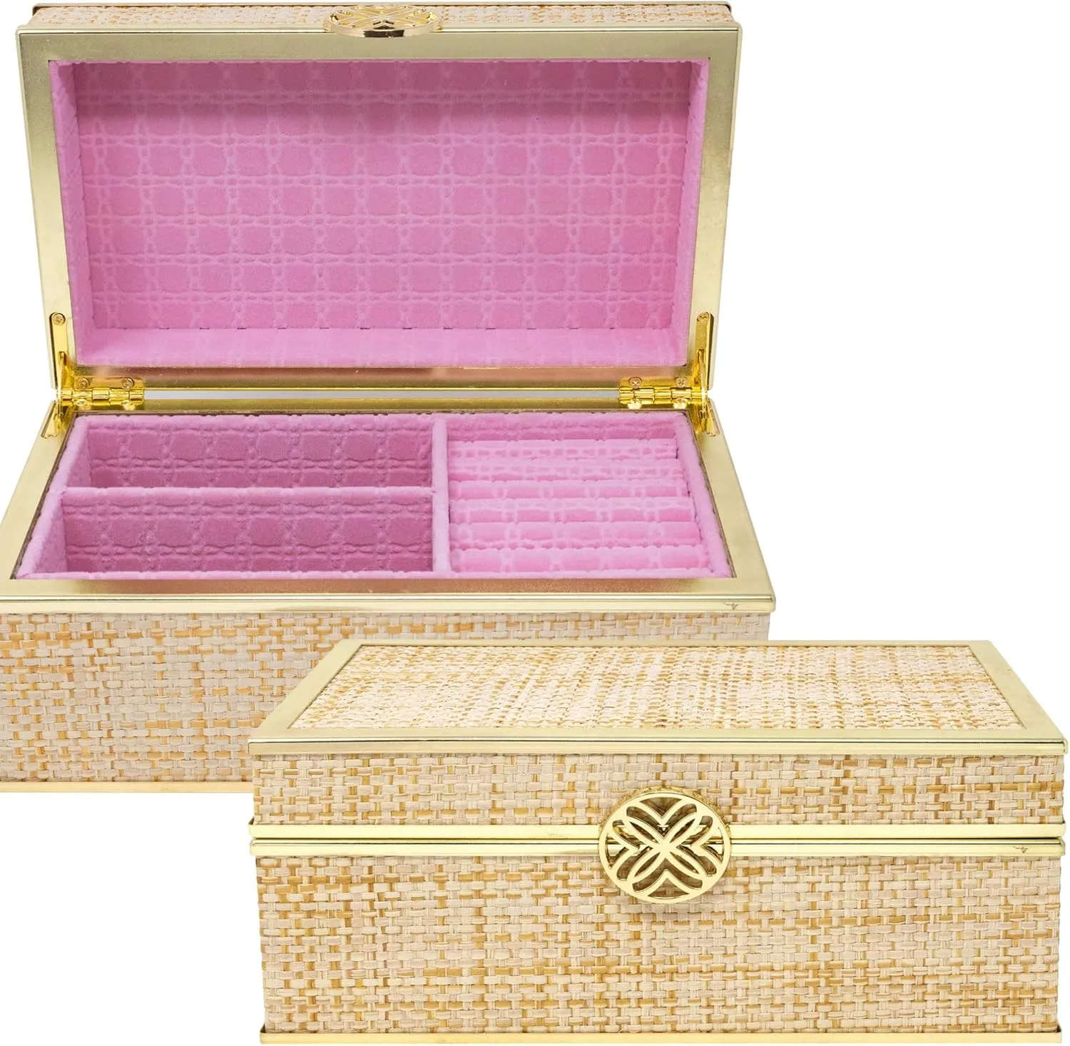 Lilly Pulitzer Jewelry Case Organizer, Raffia Jewelry Box for Women with Suede Interior, Cute Jewelry Organizer Holds Necklaces, Rings, Bracelets, Gold Raffia