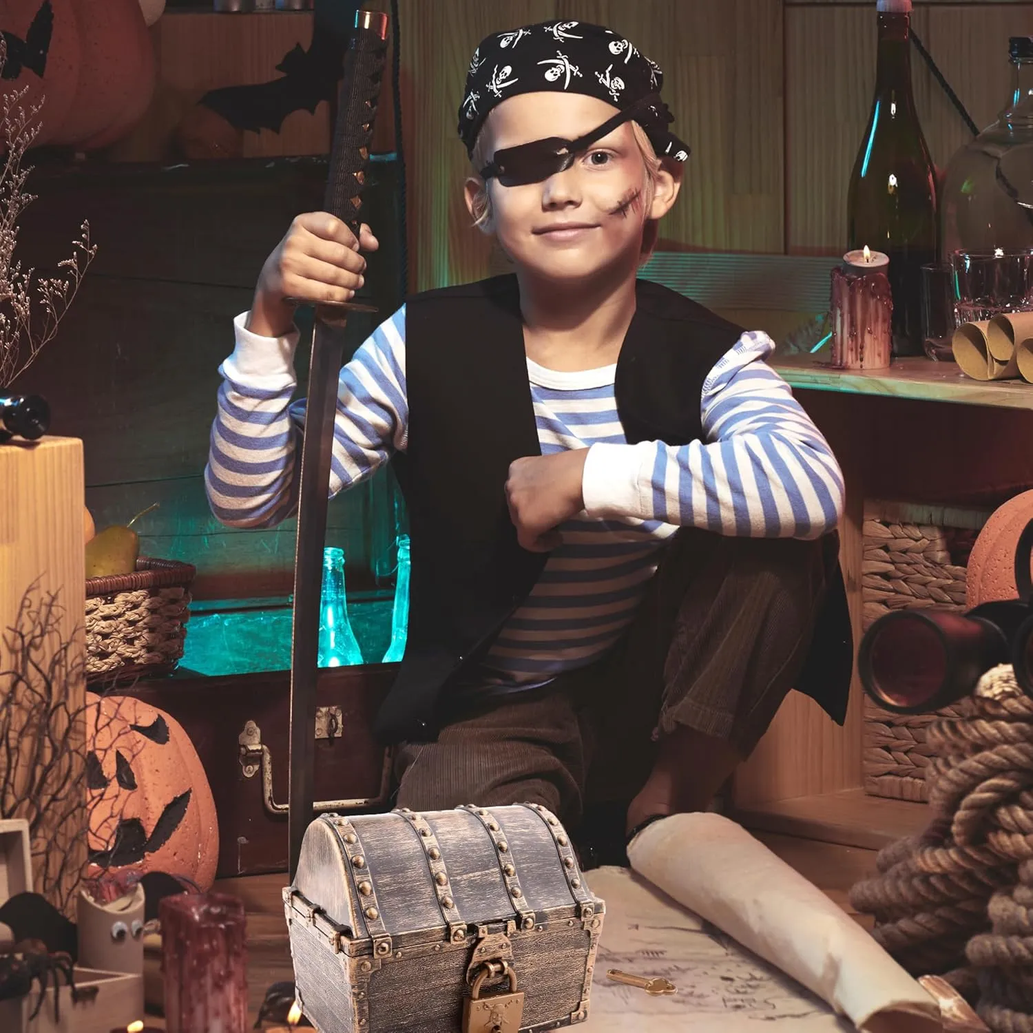 Lingway Toys Kids Pirate Treasure Chest Teacher's Favorite Treasures Collection Storage Box with 2 Sets of Locks and Keys Only(Vintage Bronze Coating,6.3"X4.8"X5.2")
