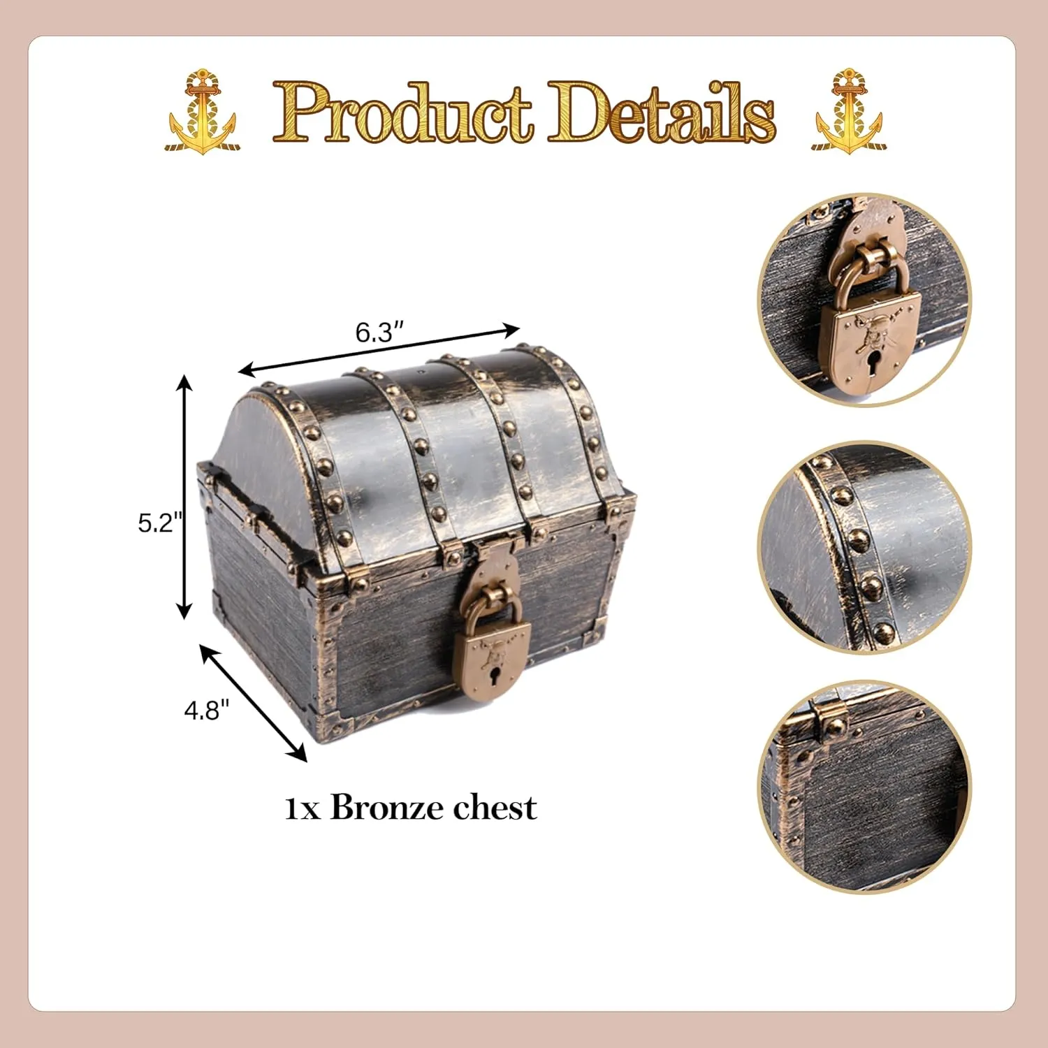 Lingway Toys Kids Pirate Treasure Chest Teacher's Favorite Treasures Collection Storage Box with 2 Sets of Locks and Keys Only(Vintage Bronze Coating,6.3"X4.8"X5.2")