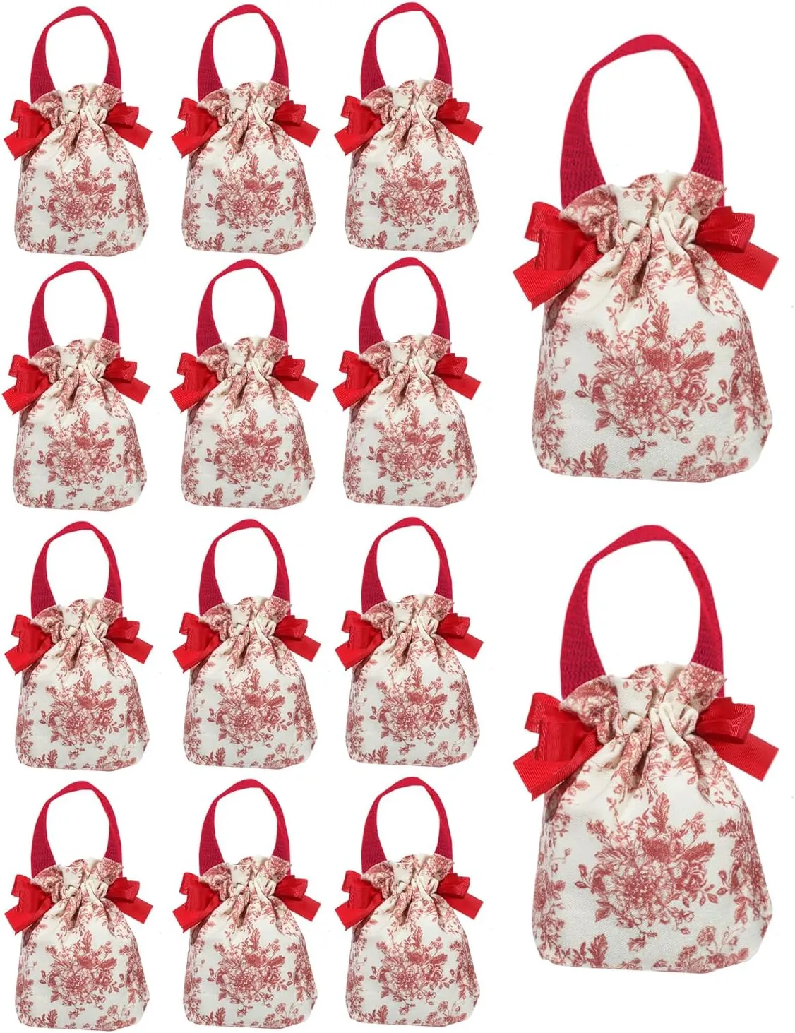 Liobelon 12 Pieces Small Gift Bags With Handles Canvas Drawstring Bags Floral Gift Bags Jewelry Pouches Party Favor Bags Candy Bags for Holiday Weddings Bridal Showers Birthday Anniversary (Red A)