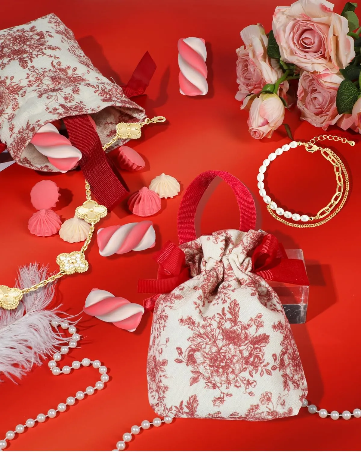 Liobelon 12 Pieces Small Gift Bags With Handles Canvas Drawstring Bags Floral Gift Bags Jewelry Pouches Party Favor Bags Candy Bags for Holiday Weddings Bridal Showers Birthday Anniversary (Red A)