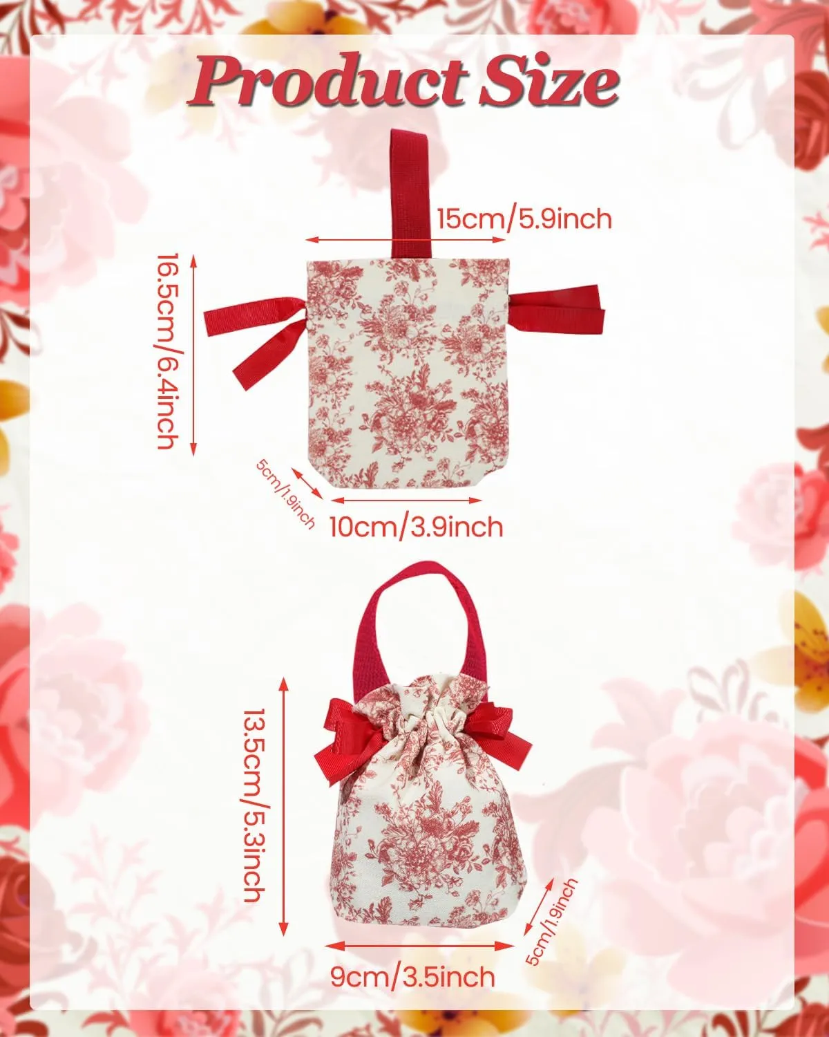 Liobelon 12 Pieces Small Gift Bags With Handles Canvas Drawstring Bags Floral Gift Bags Jewelry Pouches Party Favor Bags Candy Bags for Holiday Weddings Bridal Showers Birthday Anniversary (Red A)