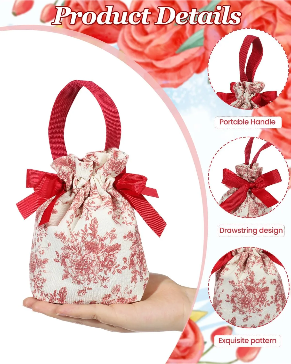 Liobelon 12 Pieces Small Gift Bags With Handles Canvas Drawstring Bags Floral Gift Bags Jewelry Pouches Party Favor Bags Candy Bags for Holiday Weddings Bridal Showers Birthday Anniversary (Red A)