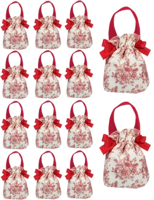 Liobelon 12 Pieces Small Gift Bags With Handles Canvas Drawstring Bags Floral Gift Bags Jewelry Pouches Party Favor Bags Candy Bags for Holiday Weddings Bridal Showers Birthday Anniversary (Red A)