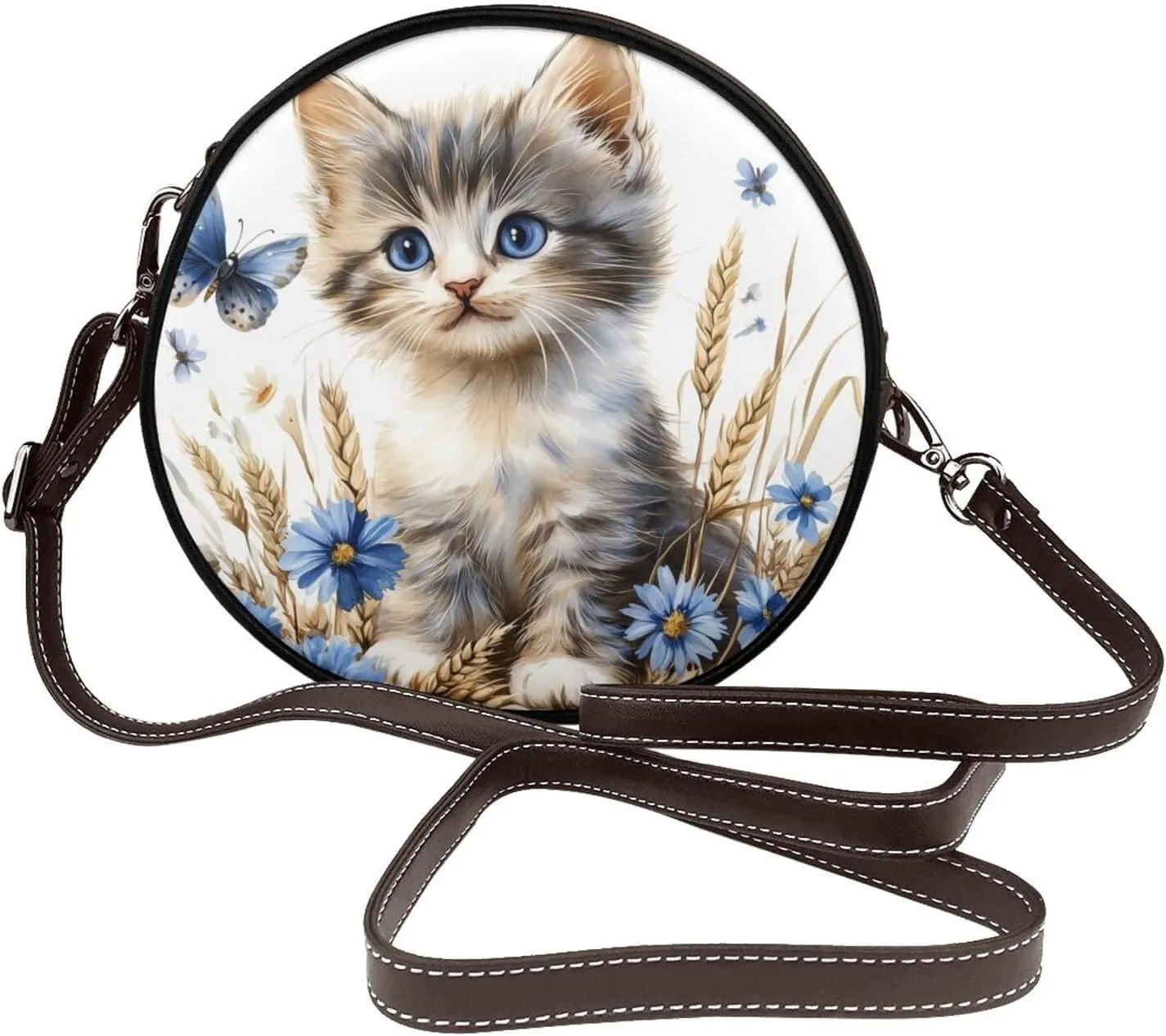 Little Kitten Wheat Ears Butterflies Women Round Crossbody Bags Leather Sling Bag Purse