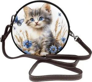 Little Kitten Wheat Ears Butterflies Women Round Crossbody Bags Leather Sling Bag Purse