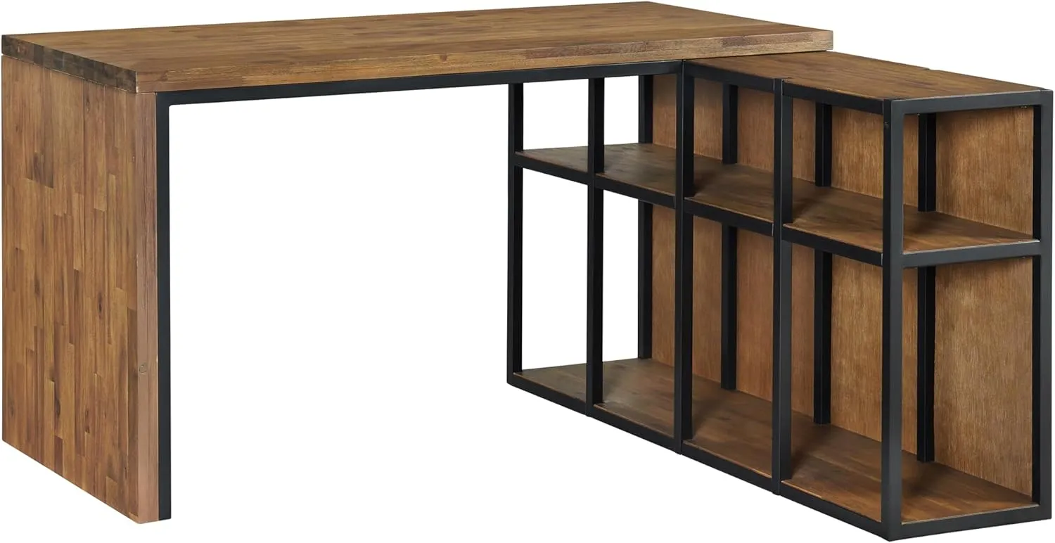 Lloyd 55 in. W Corner Desk with Storage Credenza, Natural Aged Brown, Home Office Furniture for Laptop, Printer & More, 2 Shelves w/4 Compartments & Wide Desktop