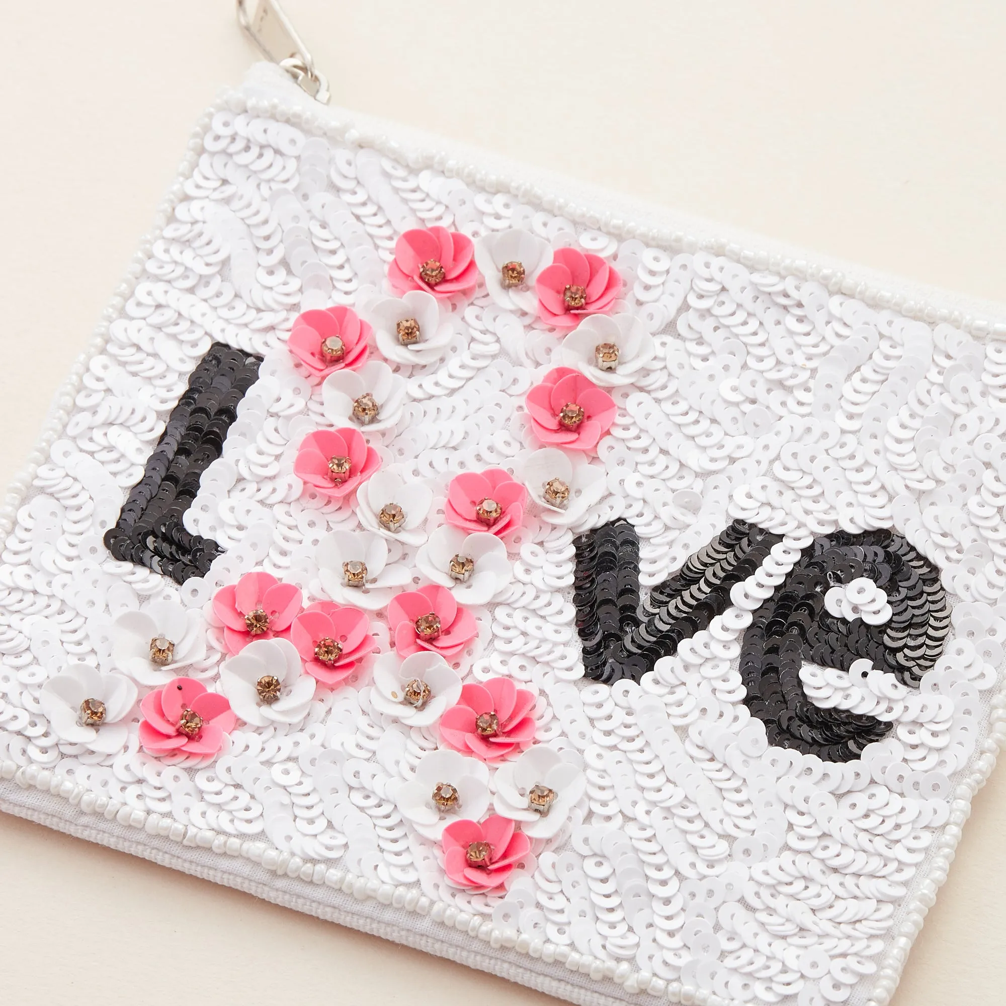 LOVE Pink Ribbon Seed Bead Canvas Pouch