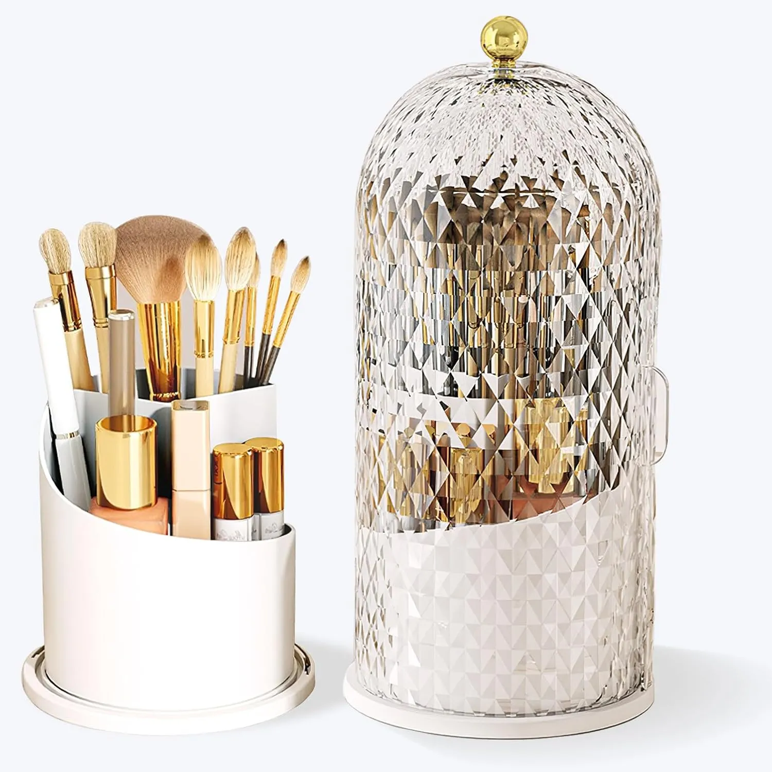 Makeup Brush Holder with Lid, 360 Rotating Multifunction Clear Dustproof Skincare Cosmetic Tools Storage Organizer for Vanity Desktop Bathroom Countertop (White)