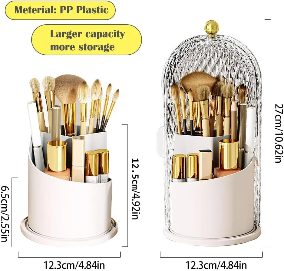 Makeup Brush Holder with Lid, 360 Rotating Multifunction Clear Dustproof Skincare Cosmetic Tools Storage Organizer for Vanity Desktop Bathroom Countertop (White)