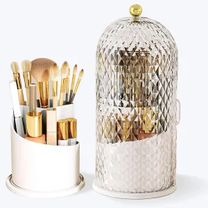 Makeup Brush Holder with Lid, 360 Rotating Multifunction Clear Dustproof Skincare Cosmetic Tools Storage Organizer for Vanity Desktop Bathroom Countertop (White)