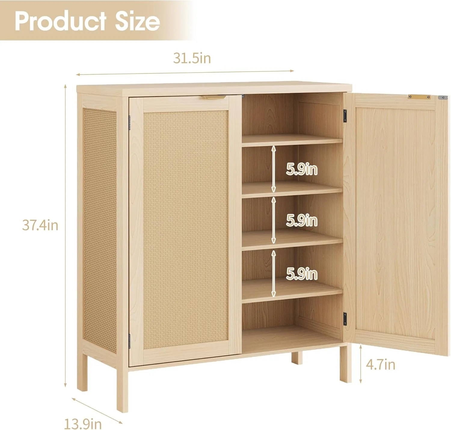 Maupvit Rattan Shoe Storage Cabinet with Doors and Shelves, Credenza Sideboard Buffet Cabinet with Storage, Rattan Accent Cabinets, Boho Shoe Organizer Cabinet for Entryway, Living Room, Dining Room